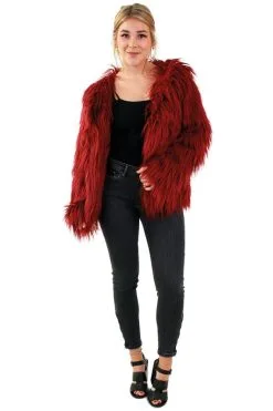 Adellijke Bontjas Lang Haar Bordeaux Rood Vrouw